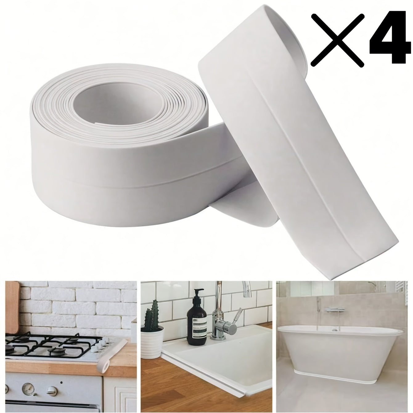 4 ROLLS Caulk Tape Long-Lasting Self-Adhesive Waterproof Strips for Bathroom & Kitchen, Caulking Tape, Instant Application, No Tools Needed, Peel And Stick, Bathroom Accessories, Bathroom, Bathroom Must Haves, Toilet Tape