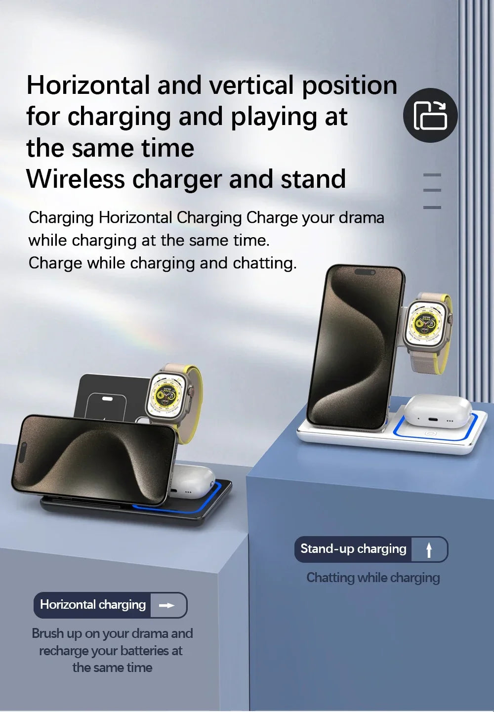 LED Fast Wireless Charger Stand 3 in 1 Foldable Charging Station For iPhone 15 14 13 12 11 Apple Watch 9 8 7 6 5 Airpods Pro
