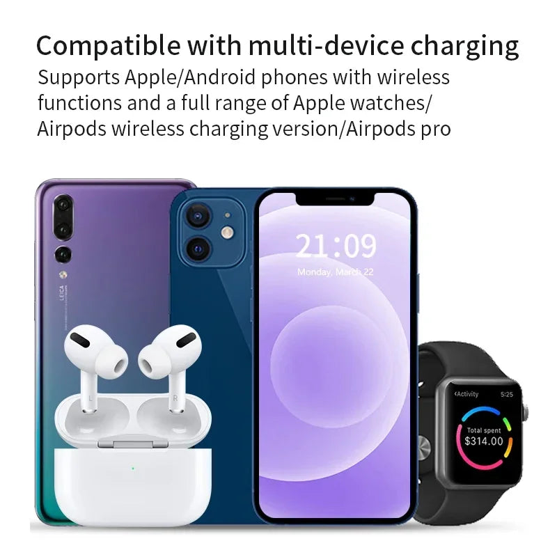 LED Fast Wireless Charger Stand 3 in 1 Foldable Charging Station For iPhone 15 14 13 12 11 Apple Watch 9 8 7 6 5 Airpods Pro