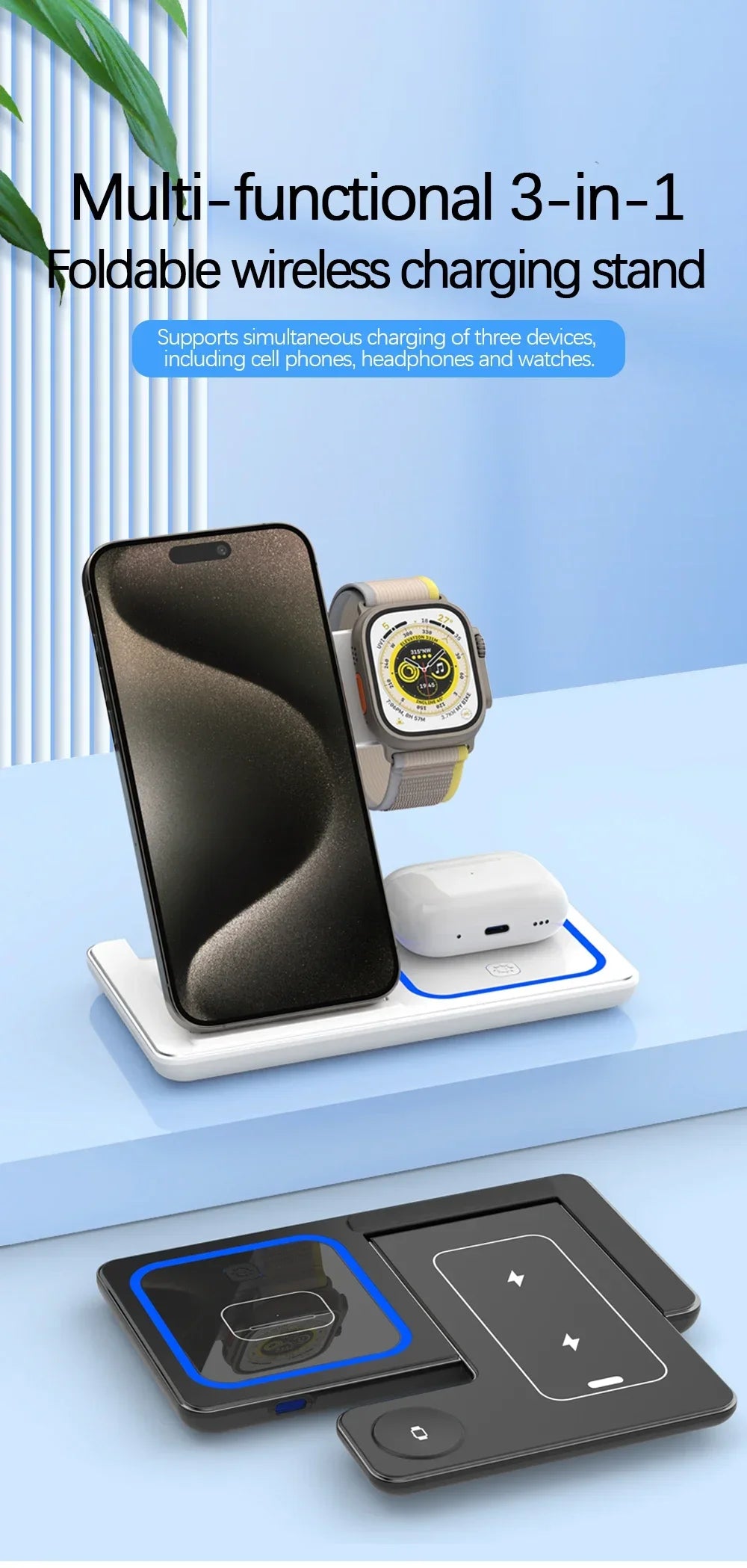 LED Fast Wireless Charger Stand 3 in 1 Foldable Charging Station For iPhone 15 14 13 12 11 Apple Watch 9 8 7 6 5 Airpods Pro