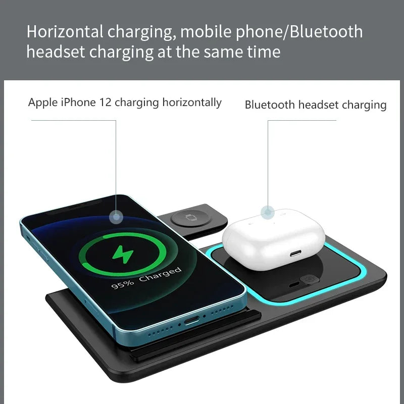 LED Fast Wireless Charger Stand 3 in 1 Foldable Charging Station For iPhone 15 14 13 12 11 Apple Watch 9 8 7 6 5 Airpods Pro
