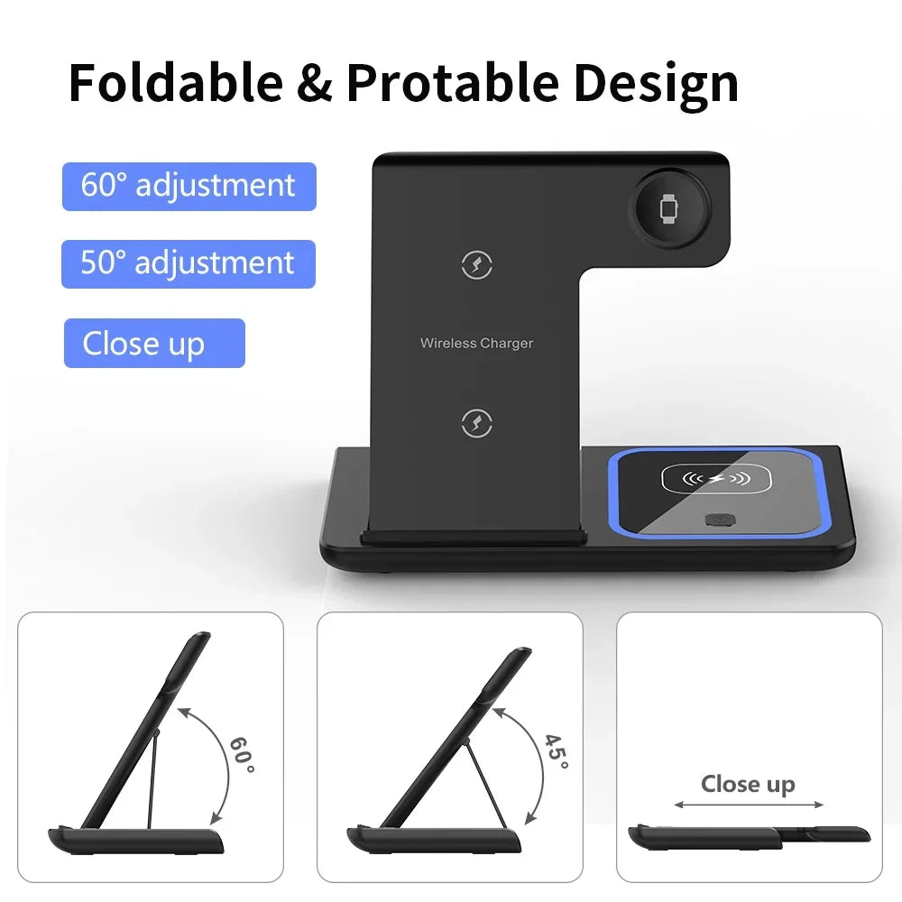 LED Fast Wireless Charger Stand 3 in 1 Foldable Charging Station For iPhone 15 14 13 12 11 Apple Watch 9 8 7 6 5 Airpods Pro