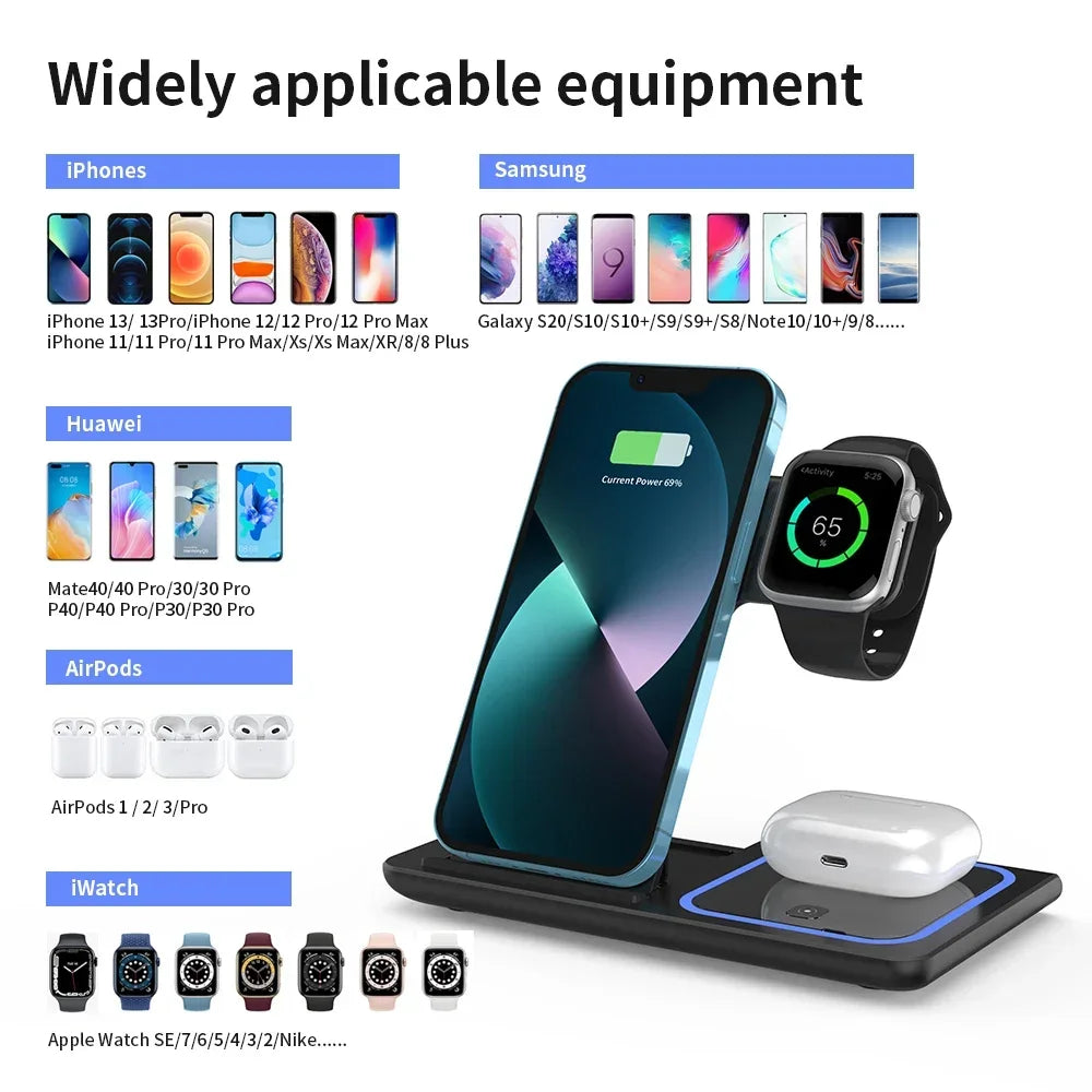 LED Fast Wireless Charger Stand 3 in 1 Foldable Charging Station For iPhone 15 14 13 12 11 Apple Watch 9 8 7 6 5 Airpods Pro