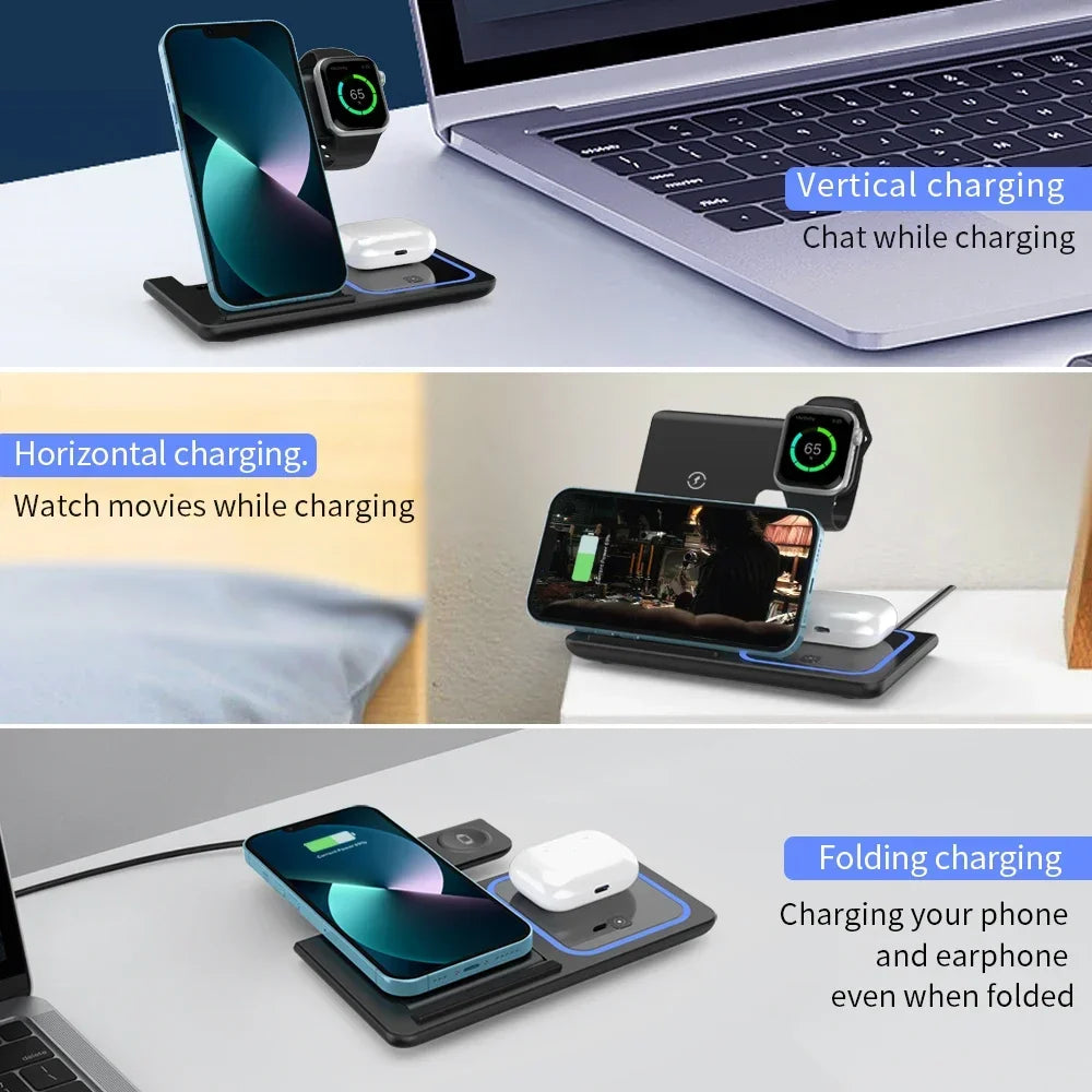 LED Fast Wireless Charger Stand 3 in 1 Foldable Charging Station For iPhone 15 14 13 12 11 Apple Watch 9 8 7 6 5 Airpods Pro
