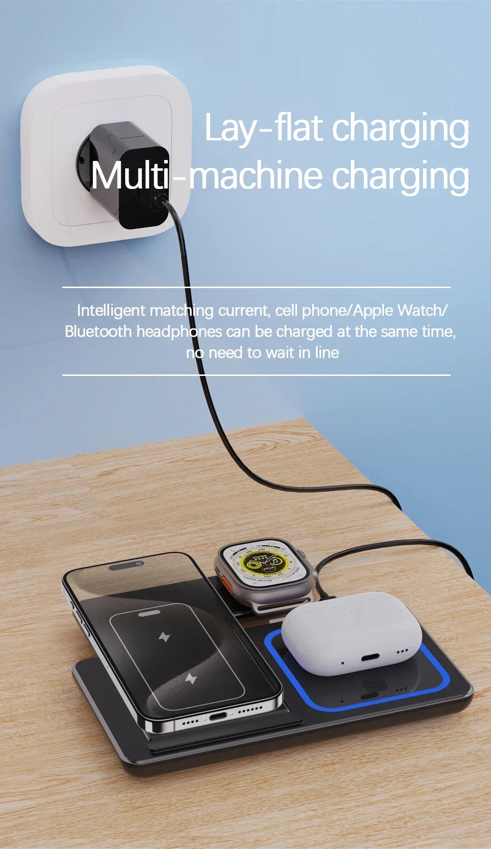 LED Fast Wireless Charger Stand 3 in 1 Foldable Charging Station For iPhone 15 14 13 12 11 Apple Watch 9 8 7 6 5 Airpods Pro