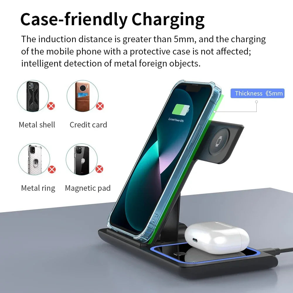 LED Fast Wireless Charger Stand 3 in 1 Foldable Charging Station For iPhone 15 14 13 12 11 Apple Watch 9 8 7 6 5 Airpods Pro