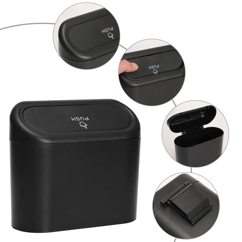 Car Interior Clamshell Trash Bin Black Trash Can With Automatic Rebound Cover Auto Organizer Garbage Can Rubbish Storage Box