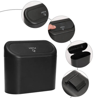 Car Interior Clamshell Trash Bin Black Trash Can With Automatic Rebound Cover Auto Organizer Garbage Can Rubbish Storage Box