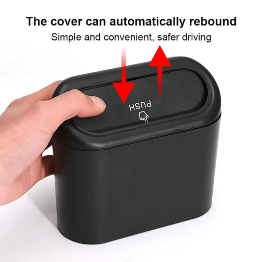 Car Interior Clamshell Trash Bin Black Trash Can With Automatic Rebound Cover Auto Organizer Garbage Can Rubbish Storage Box