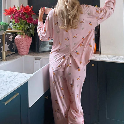 Maemukilabe Y2K Floral Pajama Set for Women Long Sleeve Shirt and Pants Vintage 2-Piece Lounge Set with Cute Bow Design Sleepwear