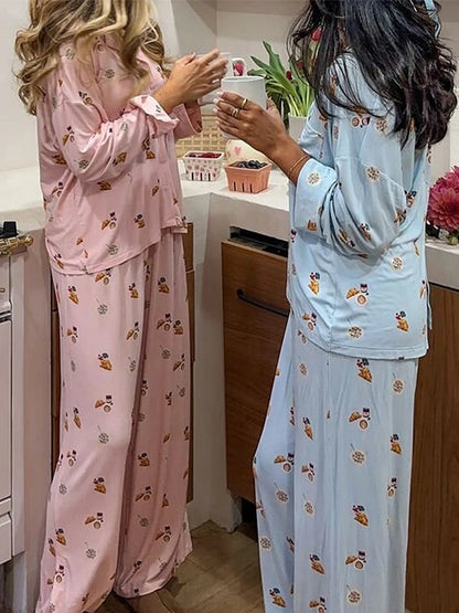 Maemukilabe Y2K Floral Pajama Set for Women Long Sleeve Shirt and Pants Vintage 2-Piece Lounge Set with Cute Bow Design Sleepwear