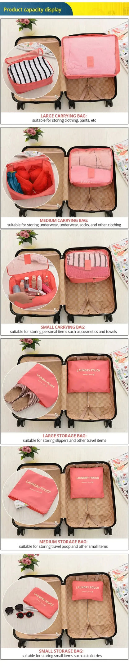 6 Pcs/Set Pink/Blue/Grey Travel Storage Bag Large Capacity Waterproof Luggage Clothing Underwear Storage Bag Bag with Zipper