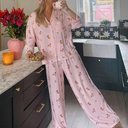 Maemukilabe Y2K Floral Pajama Set for Women Long Sleeve Shirt and Pants Vintage 2-Piece Lounge Set with Cute Bow Design Sleepwear
