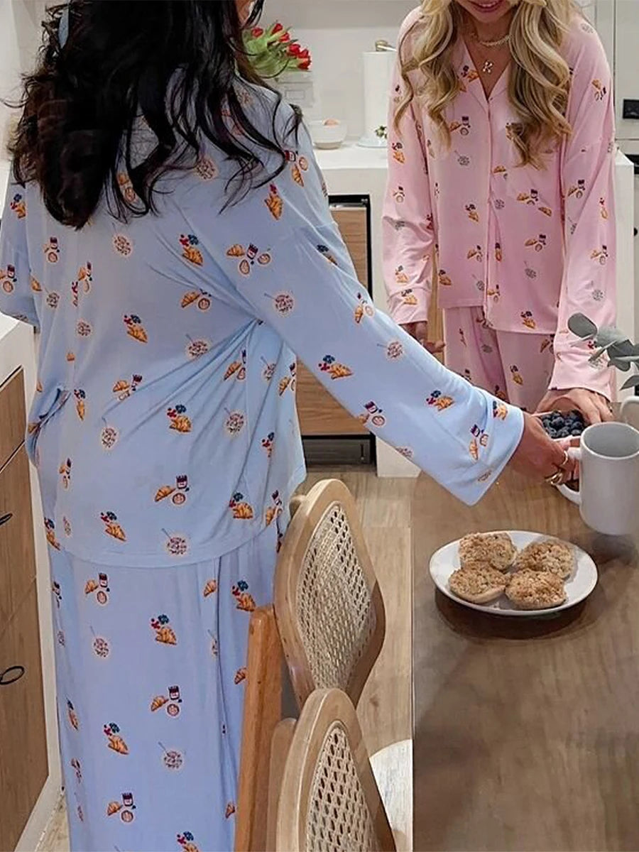 Maemukilabe Y2K Floral Pajama Set for Women Long Sleeve Shirt and Pants Vintage 2-Piece Lounge Set with Cute Bow Design Sleepwear