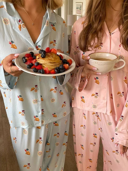 Maemukilabe Y2K Floral Pajama Set for Women Long Sleeve Shirt and Pants Vintage 2-Piece Lounge Set with Cute Bow Design Sleepwear