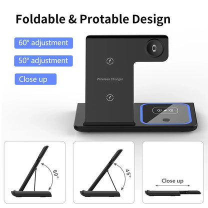 LED Fast Wireless Charger Stand 3 in 1 Foldable Charging Station For iPhone 15 14 13 12 11 Apple Watch 9 8 7 6 5 Airpods Pro