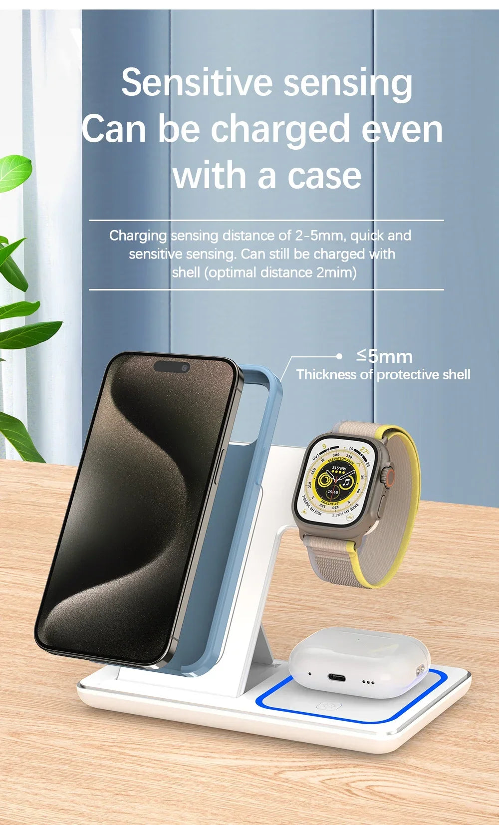 LED Fast Wireless Charger Stand 3 in 1 Foldable Charging Station For iPhone 15 14 13 12 11 Apple Watch 9 8 7 6 5 Airpods Pro