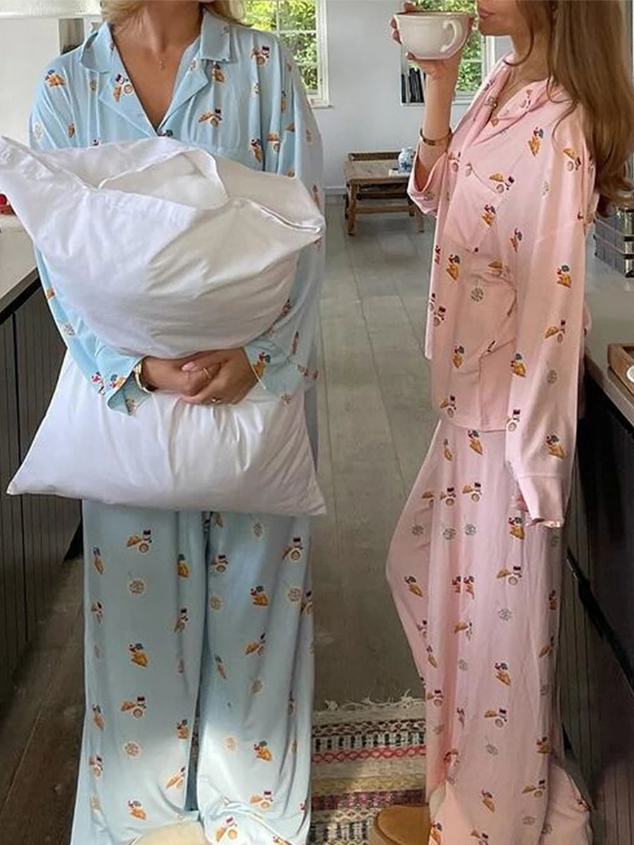 Maemukilabe Y2K Floral Pajama Set for Women Long Sleeve Shirt and Pants Vintage 2-Piece Lounge Set with Cute Bow Design Sleepwear