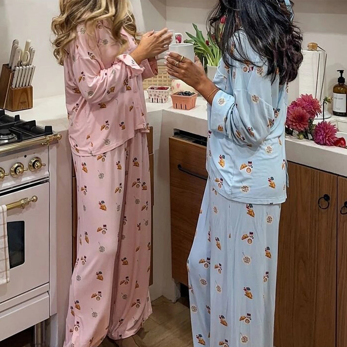 Maemukilabe Y2K Floral Pajama Set for Women Long Sleeve Shirt and Pants Vintage 2-Piece Lounge Set with Cute Bow Design Sleepwear