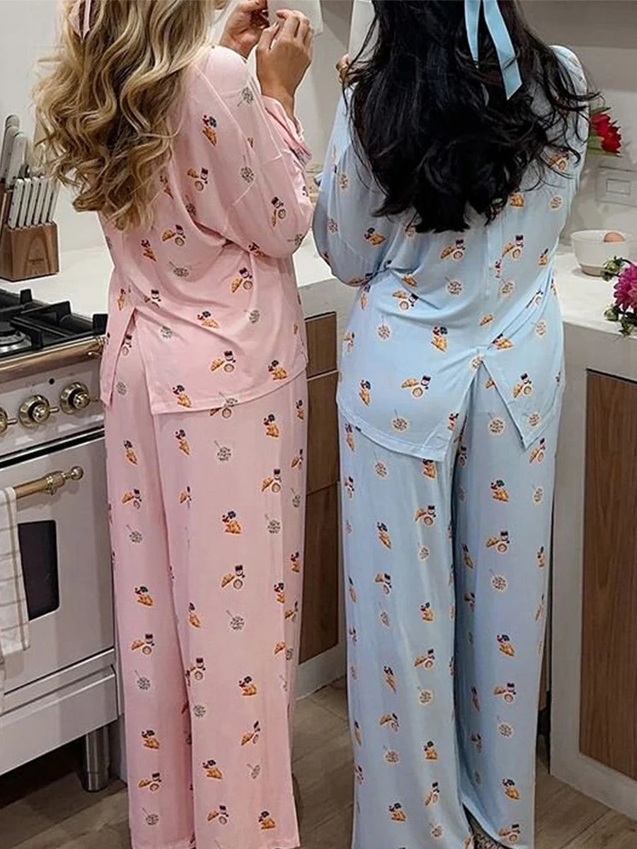 Maemukilabe Y2K Floral Pajama Set for Women Long Sleeve Shirt and Pants Vintage 2-Piece Lounge Set with Cute Bow Design Sleepwear