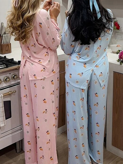 Maemukilabe Y2K Floral Pajama Set for Women Long Sleeve Shirt and Pants Vintage 2-Piece Lounge Set with Cute Bow Design Sleepwear