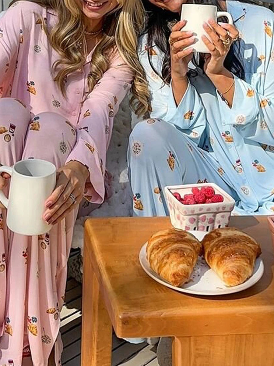 Maemukilabe Y2K Floral Pajama Set for Women Long Sleeve Shirt and Pants Vintage 2-Piece Lounge Set with Cute Bow Design Sleepwear