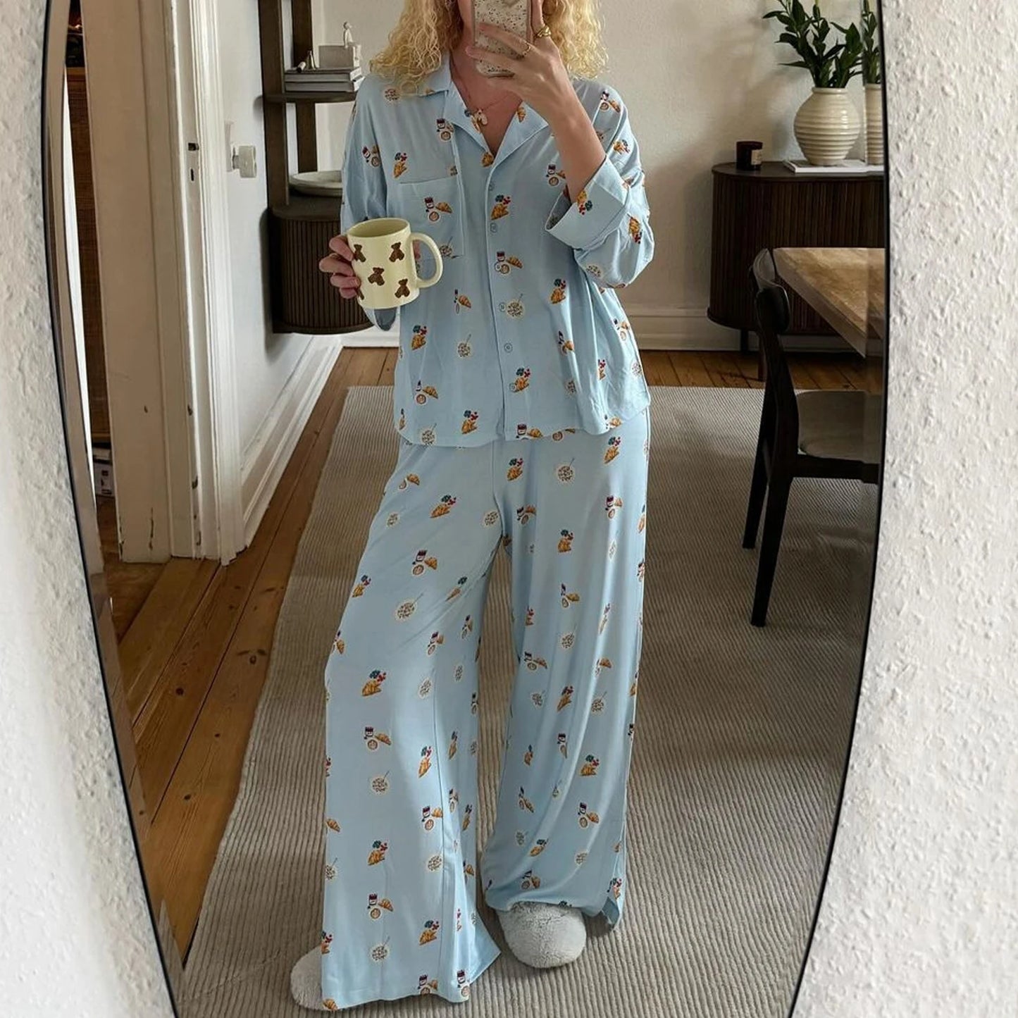 Maemukilabe Y2K Floral Pajama Set for Women Long Sleeve Shirt and Pants Vintage 2-Piece Lounge Set with Cute Bow Design Sleepwear