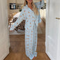 Maemukilabe Y2K Floral Pajama Set for Women Long Sleeve Shirt and Pants Vintage 2-Piece Lounge Set with Cute Bow Design Sleepwear