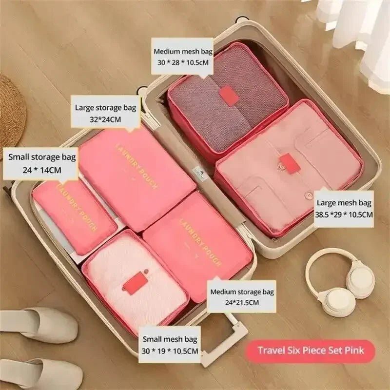 6 Pcs/Set Pink/Blue/Grey Travel Storage Bag Large Capacity Waterproof Luggage Clothing Underwear Storage Bag Bag with Zipper