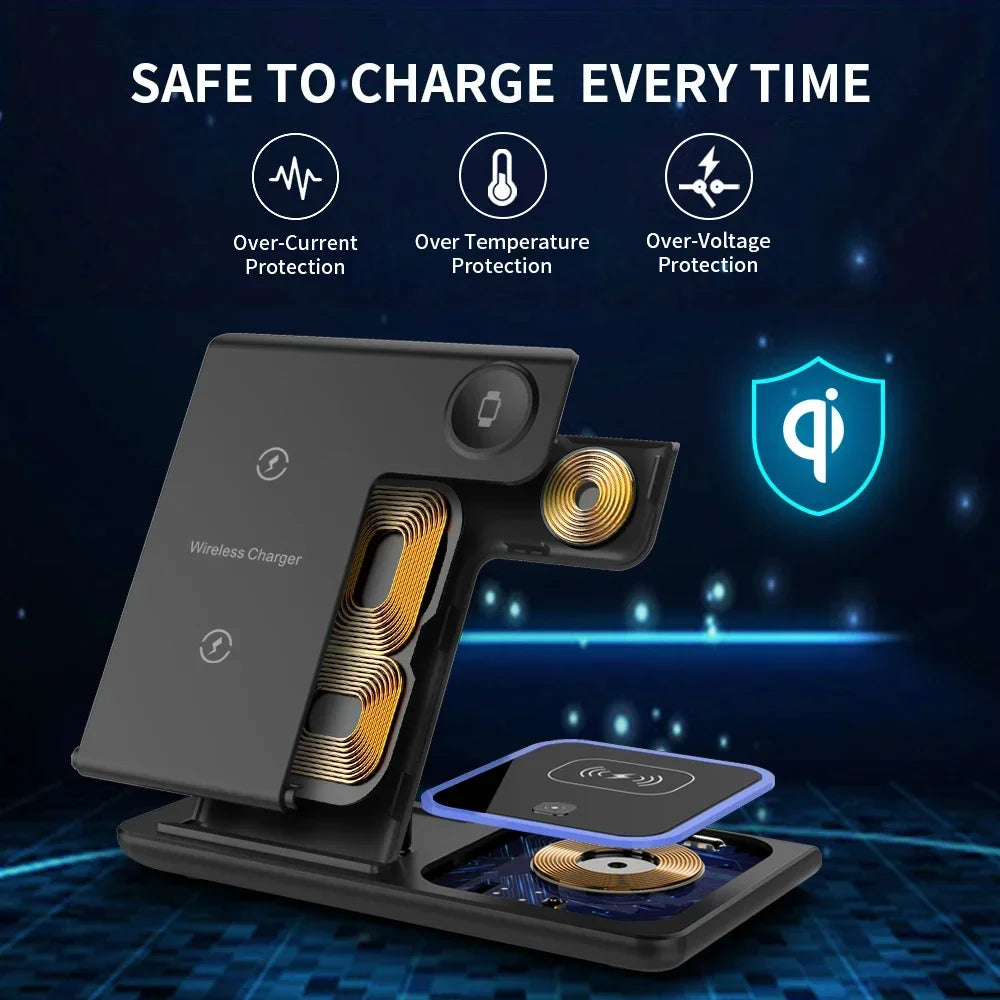 LED Fast Wireless Charger Stand 3 in 1 Foldable Charging Station For iPhone 15 14 13 12 11 Apple Watch 9 8 7 6 5 Airpods Pro