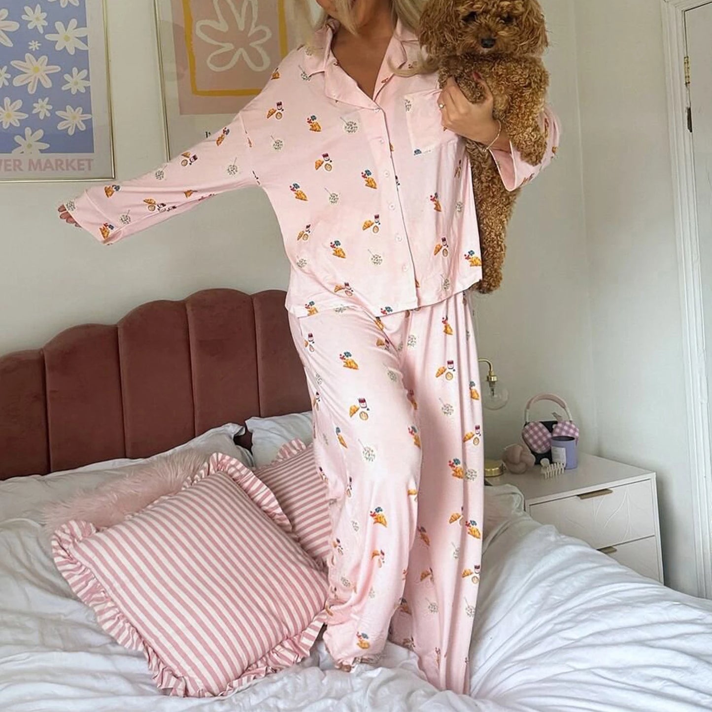 Maemukilabe Y2K Floral Pajama Set for Women Long Sleeve Shirt and Pants Vintage 2-Piece Lounge Set with Cute Bow Design Sleepwear